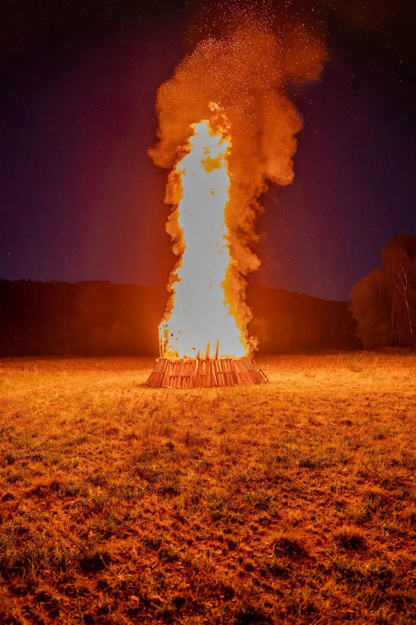 Großes Feuer bei Nacht auf einer Wiese