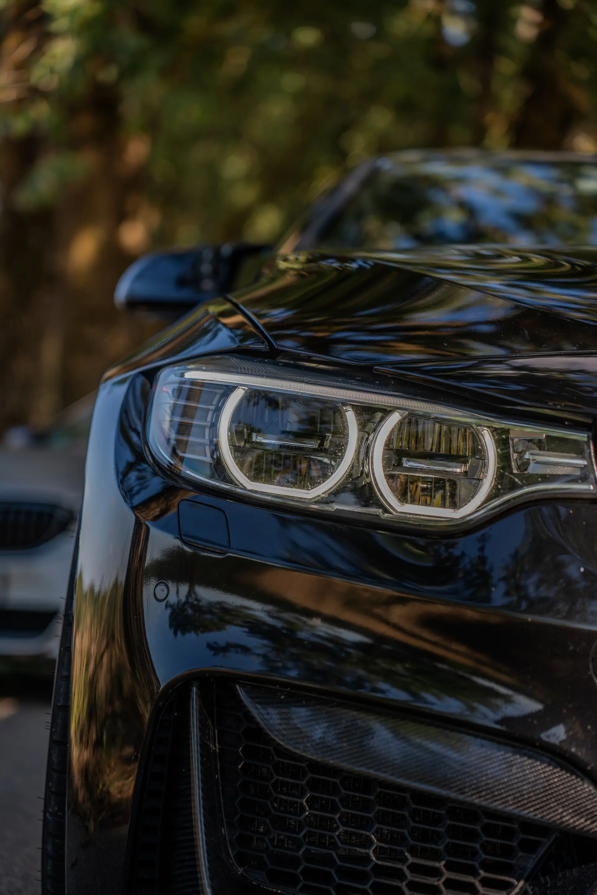 Scheinwerfer einer dunklen Sportlimousine im Detail